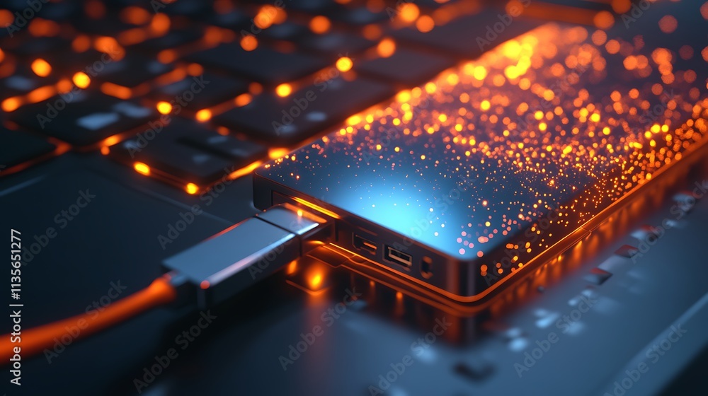 Poster orange light sparkles from cable connected to a mobile device on a keyboard.