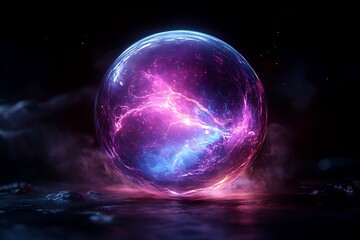 Fototapeta premium Glowing plasma sphere purple and blue light dark background quantum science and electricity experiment