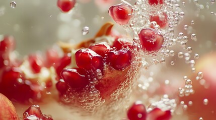 Pomegranate seeds under water, with air bubbles.