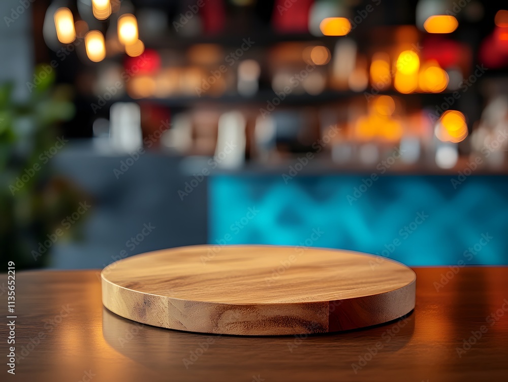 Poster wooden round display stand in a cafe setting