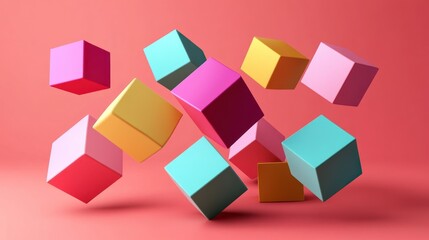 Obraz premium Abstract Colorful Cubes Floating in Coral Background: A 3D Rendering of Geometric Shapes