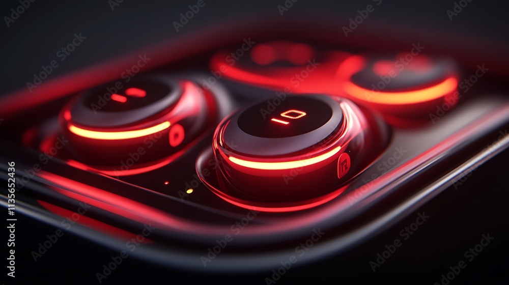 Poster red illuminated buttons on a dark surface.