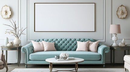 Elegant teal velvet sofa in a classic living room with a large blank frame, side tables, and decor.