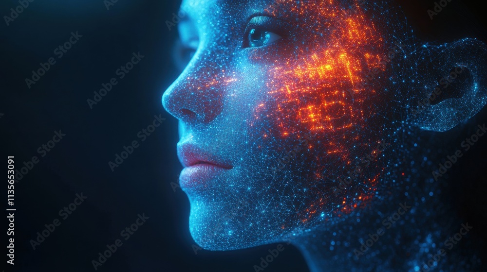 Poster abstract 3d animation polygonal human face 3d render cyborg head construction artificial intelligenc