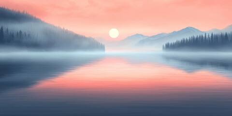 Fototapeta premium Tranquil Sunrise Over Misty Lake and Mountains