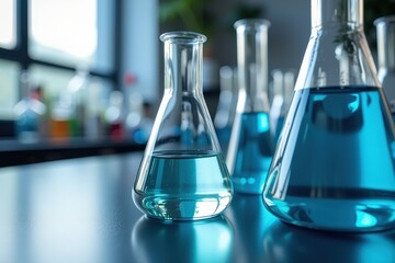 Discover the Beauty of Scientific Precision with These Blue Liquid Filled Erlenmeyer Flasks in a Modern Laboratory Setting