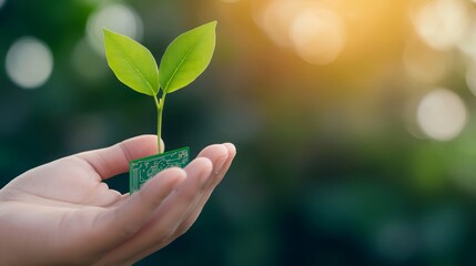 Close-up of a hand holding a small plant growing from a circuit board, symbolizing the fusion of technology and nature in a harmonious, sustainable future.
