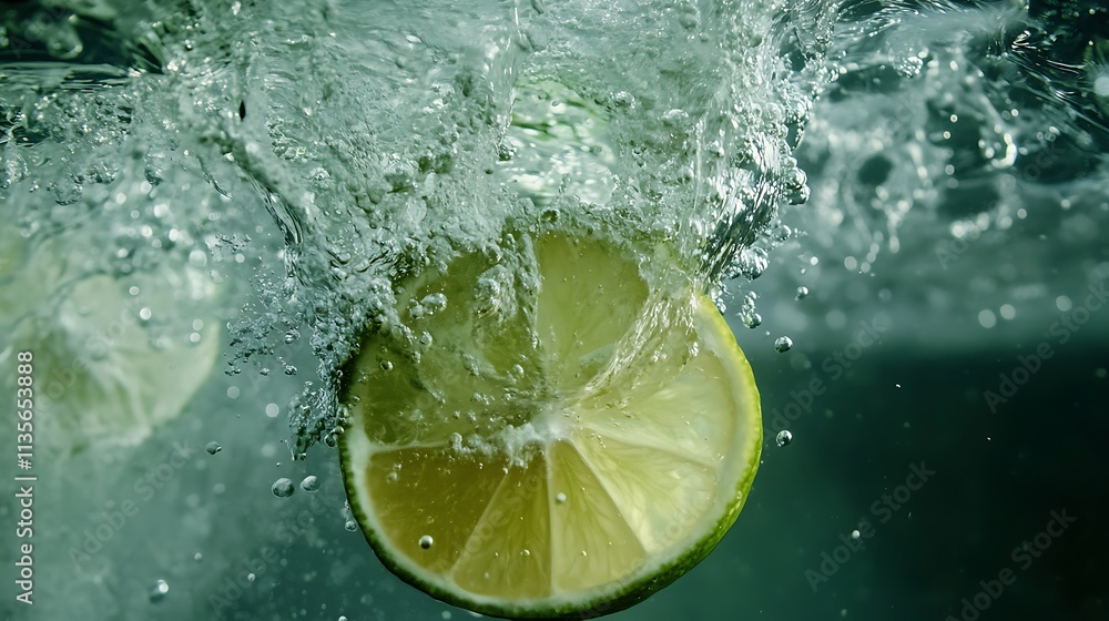 Poster slices of lime falling into water with splash and bubbles.