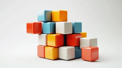 Obraz premium Colorful Cubes Stacked Abstract Composition: A 3D Render of Brightly Colored Blocks Arranged in an Intriguing Pattern, Evoking a Sense of Creativity, Structure, and Design.