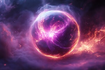 Obraz premium Glowing plasma sphere purple light rays swirling in dark space static electricity and quantum physics