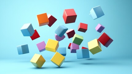 Obraz premium Colorful Cubes Falling on Blue Background: A 3D Render of Playful Geometry