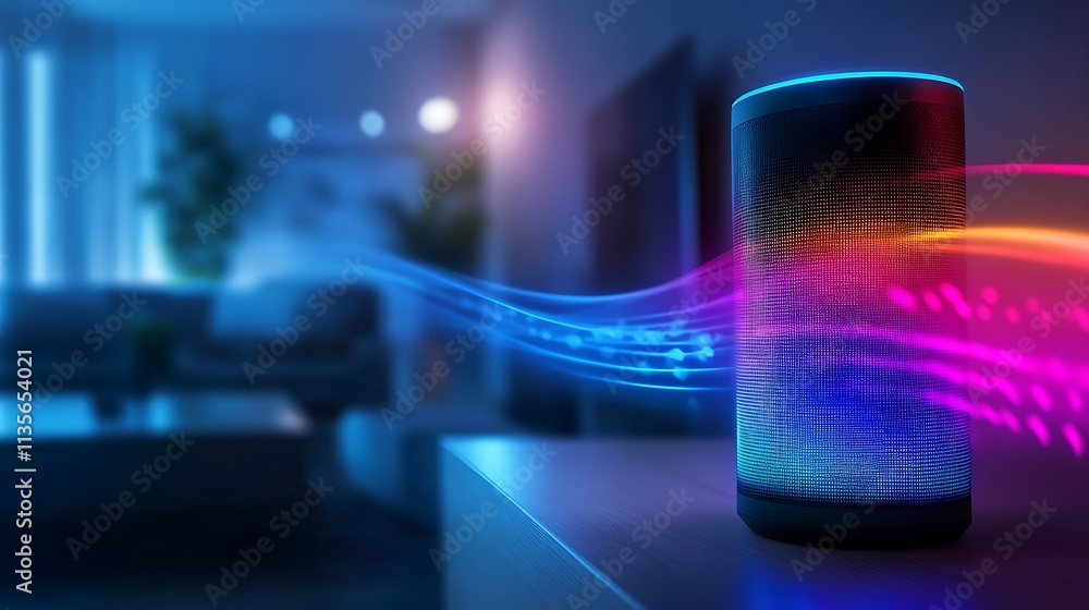 Poster smart speaker with colorful data streams in modern home.