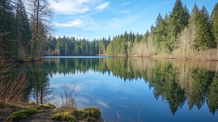 Obraz premium Serene Winter Lake Reflection in a Pacific Northwest Forest. AI Generated