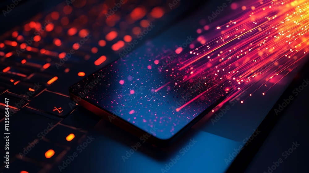 Poster smartphone on keyboard, vibrant red data streams, abstract digital technology.