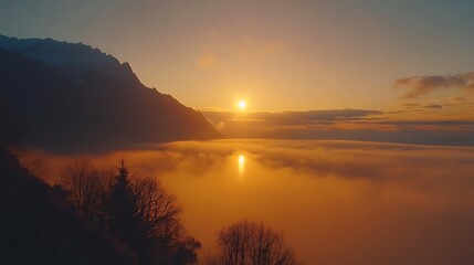 Obraz premium Golden Hour Sunset over Misty Mountain Lake. AI Generated
