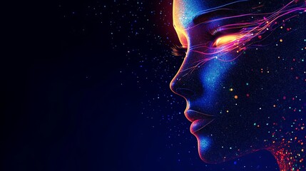 Obraz premium Abstract Digital Art: Glowing Female Portrait in Cosmic Space. AI Generated