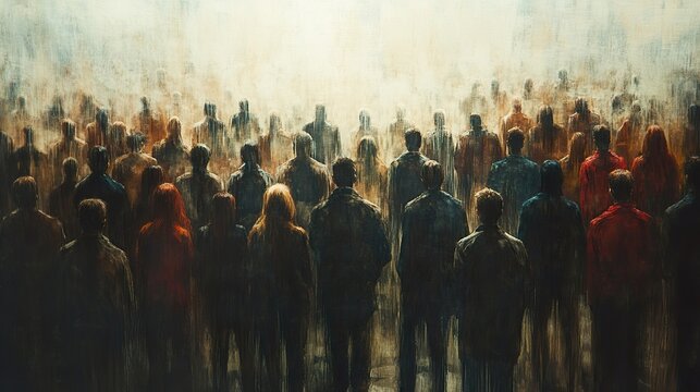 A sea of anonymous figures: A moving crowd painting