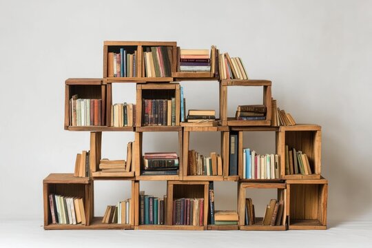Wooden bookshelf filled with various books.