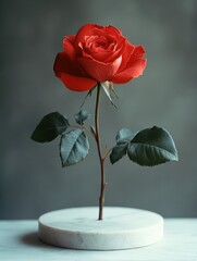 red rose on a white podium