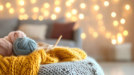 Cozy knitting scene with soft yarn and warm lights. Perfect for autumn or winter projects.