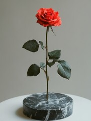red rose on a white podium