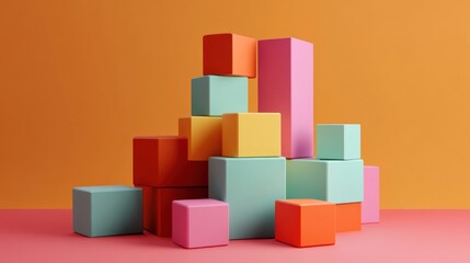 Obraz premium Colorful Blocks Abstract Composition: A vibrant 3D render of stacked pastel and orange cubes against a warm orange background, evoking creativity, playfulness, and modern design.