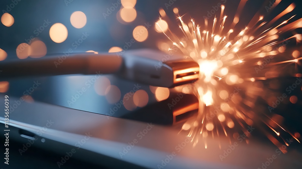 Poster usb connector sparks on reflective surface with bokeh lights.