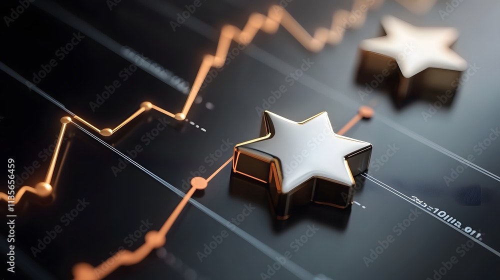 Poster a metallic star icon hovering over a data visualization graph with an upward trendline, in a profess