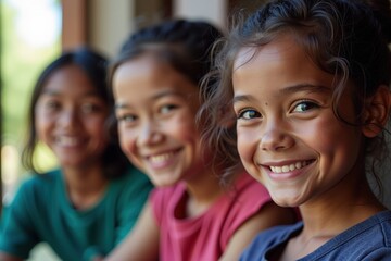 Fototapeta premium Three Young Girls Smiling Happily Together, Perfect for Children's Book Illustrations, Advertising, and Promoting Childhood Joy