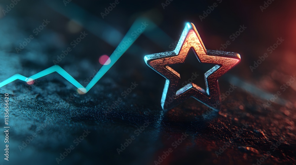 Poster a metallic star symbol glowing softly above a rising line chart in gradient tones, with a clean mode