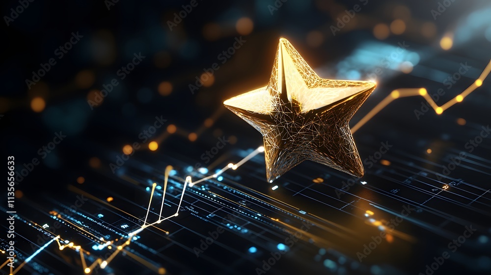 Aufkleber A golden star icon hovering over a dynamic upward arrow graph with soft shadows and a tech-inspired theme