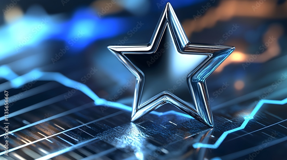 Poster a sleek silver star hovering over a transparent glass performance graph with an upward trajectory, s