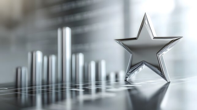 A sleek silver star hovering over a transparent glass performance graph with an upward trajectory, symbolizing clarity and success