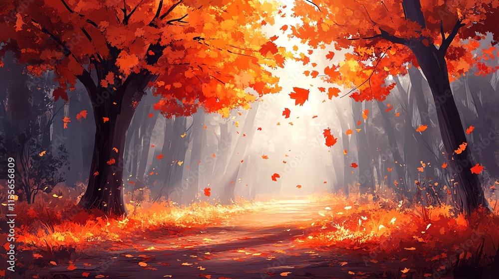 Aufkleber a serene autumn landscape with vibrant orange leaves and soft sunlight filtering through trees.