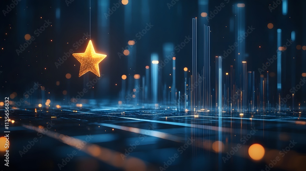 Poster A radiant star icon with a soft glow, placed above a performance graph made of sleek light beams