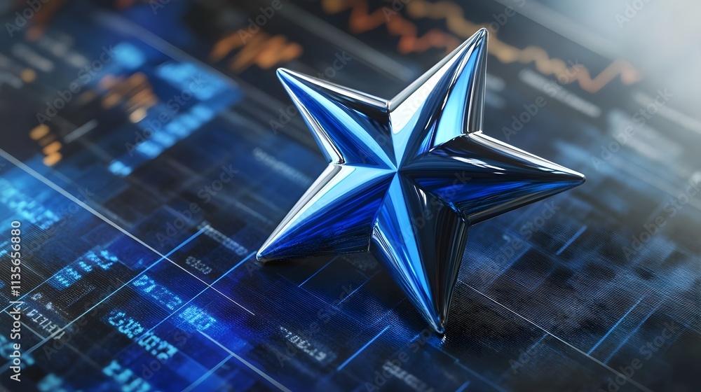 Poster a blue metallic star floating over a geometric data chart with ascending triangular peaks, symbolizi