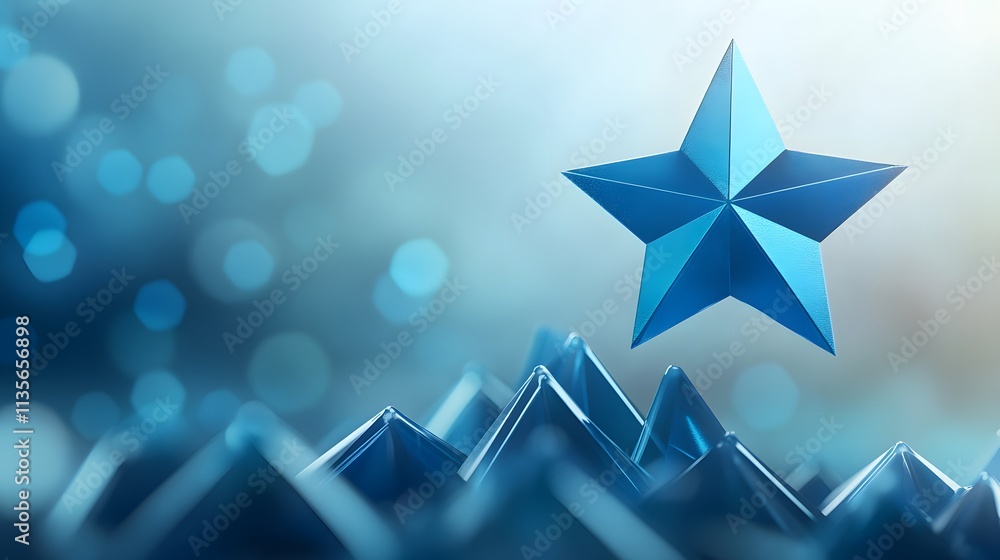Poster a blue metallic star floating over a geometric data chart with ascending triangular peaks, symbolizi