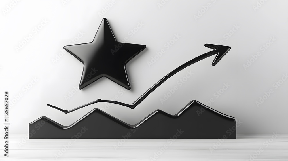 Aufkleber A sleek black star icon with a subtle metallic finish, floating above a smooth arrow graph in a clean minimalist style