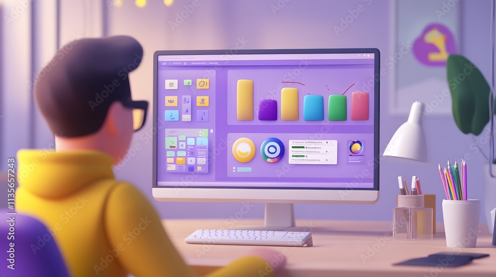 Aufkleber A modern professional introducing IoT-powered productivity tools with interactive 3D workflows and minimalistic 2D task summaries