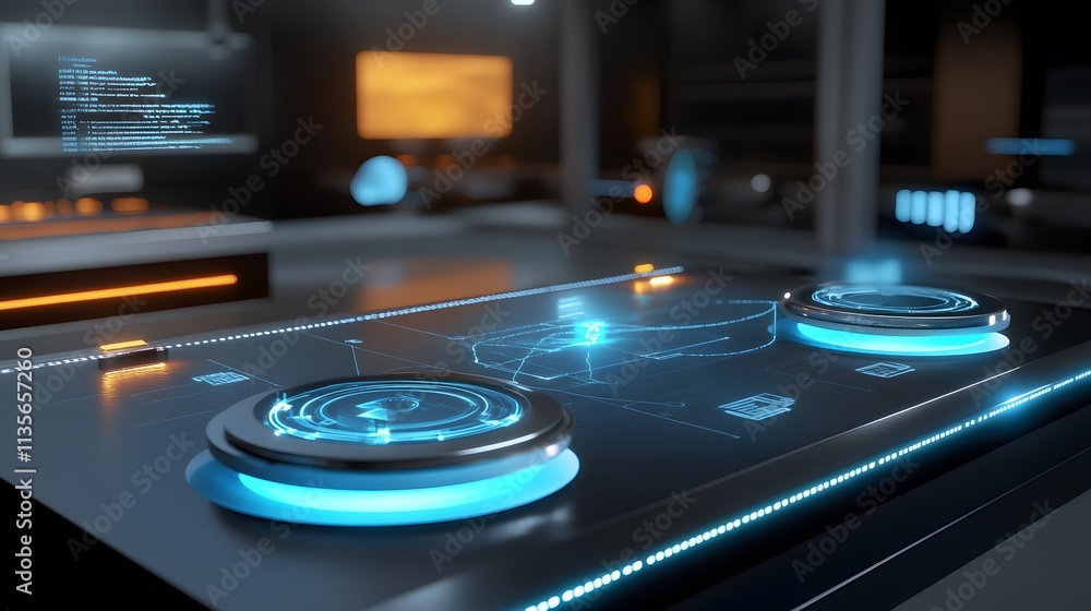 Poster A futuristic display of IoT efficiency tools with glowing 3D connections and real-time 2D task analytics