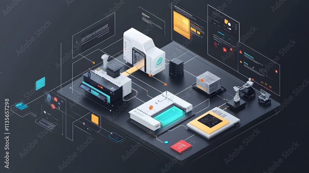 Aufkleber A professional showcasing IoT-enhanced tools with bright 3D network paths and task summaries in simple 2D layouts