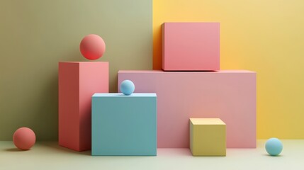Obraz premium Pastel Geometric Composition: Cubes, Spheres, and Soft Hues