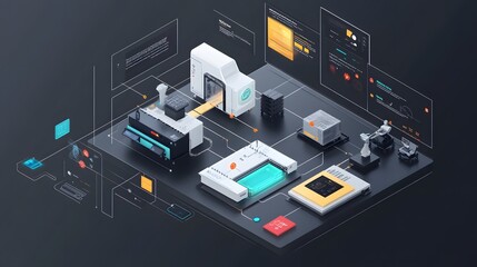 A professional showcasing IoT-enhanced tools with bright 3D network paths and task summaries in simple 2D layouts