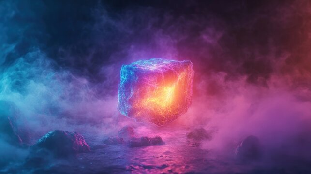 Glowing cube levitates above misty landscape, illuminated by vibrant neon lights.