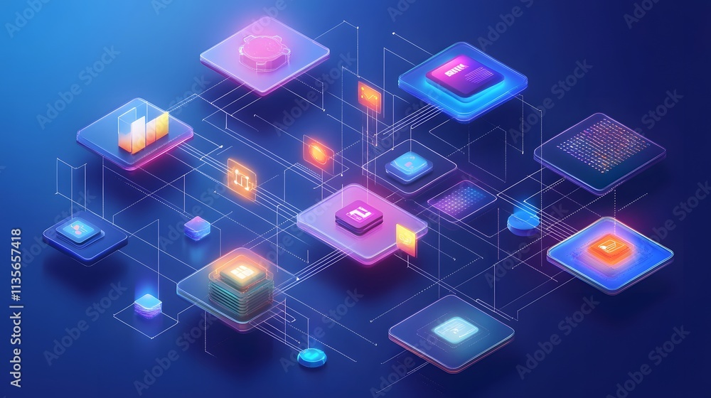 Poster A futuristic IoT presentation showing glowing 3D workflow models and concise 2D visual guides