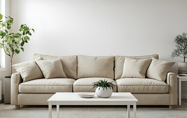 Beige sofa in minimalist living room with white coffee table and plants.