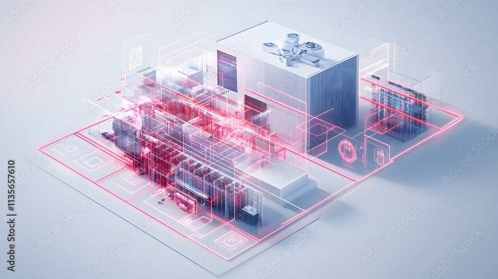 Aufkleber A futuristic presentation of IoT systems with glowing 3D process flows and organized 2D layouts