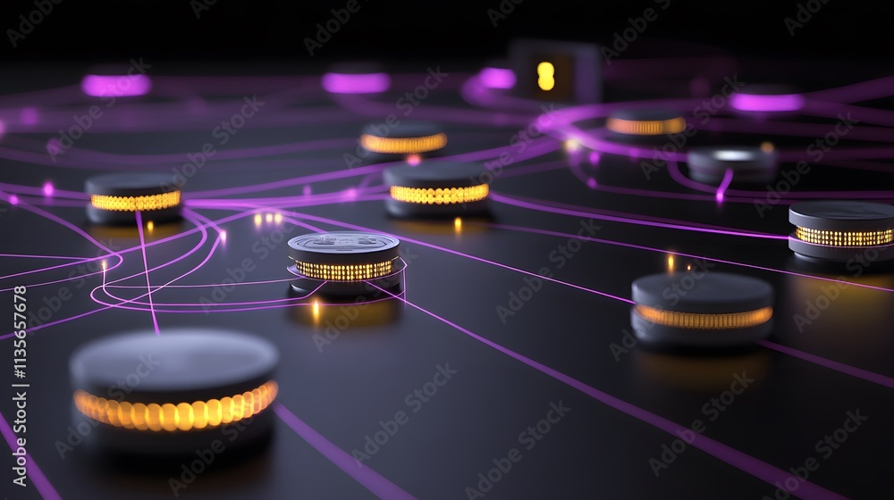 Poster A futuristic IoT control hub presentation with glowing 3D paths and precise 2D visual summaries