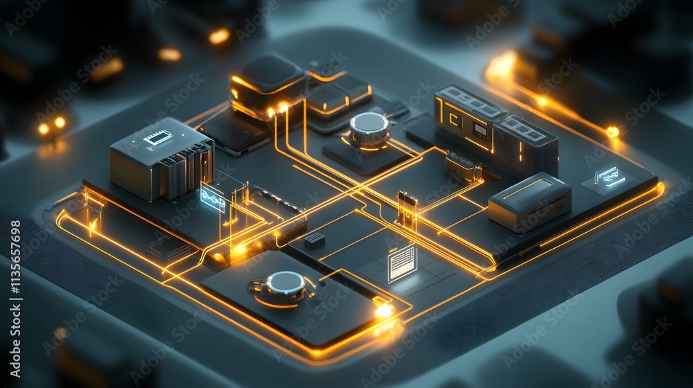 Poster A professional presenting IoT-powered automation tools with glowing 3D workflow charts and concise 2D summaries