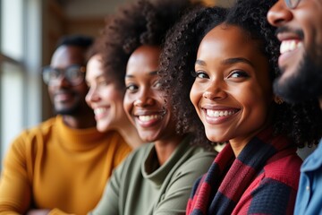 Fototapeta premium Diverse Group of Young Adults Smiling Together in a Bright Room, Perfect for Promoting Unity, Diversity, and Happiness in Marketing Campaigns